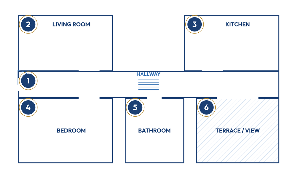 Example annotated floor plan showing numbered rooms, doors and a front entrance